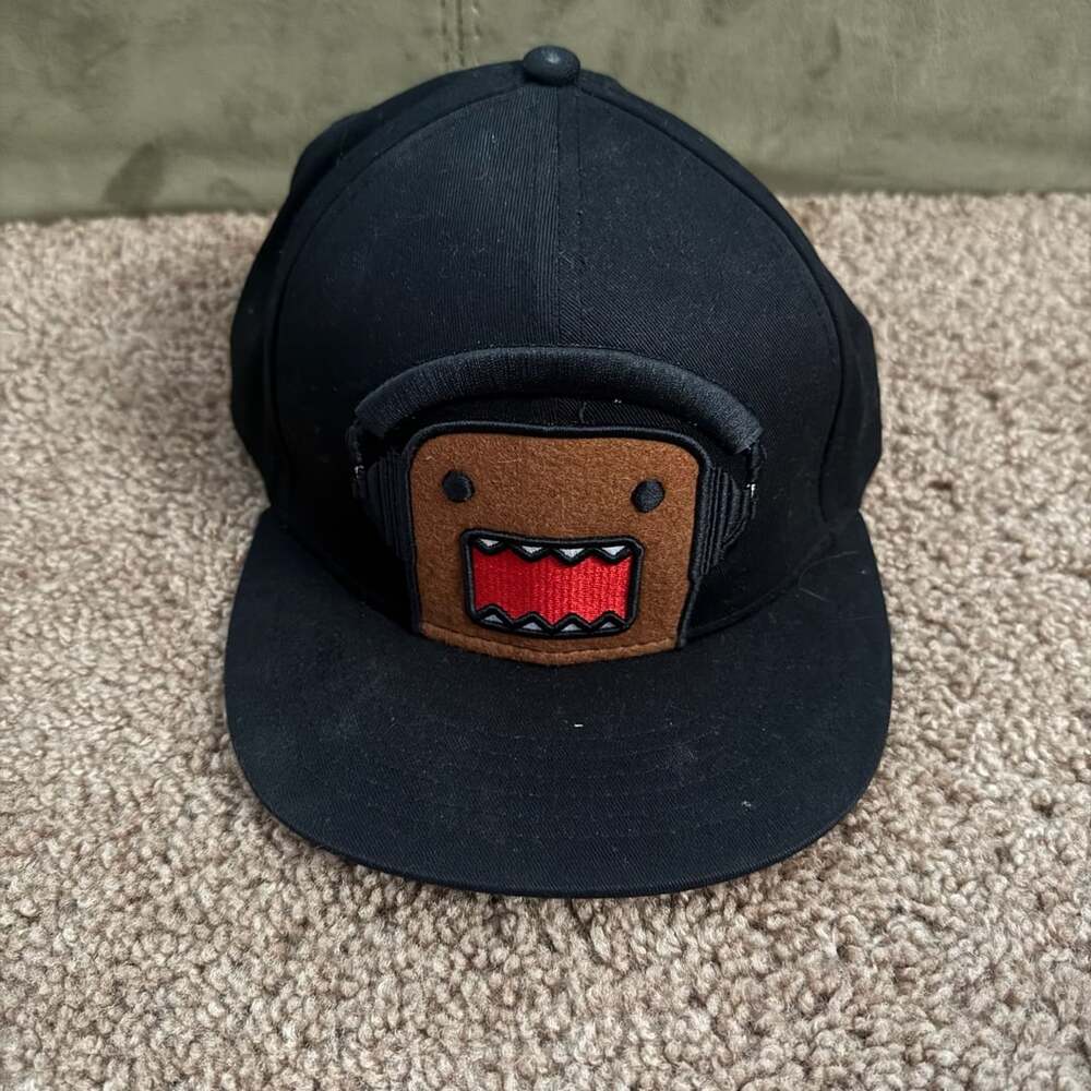 Domo-kun Black Snapback Hat with Fuzzy Character Face Wearing Headphones
